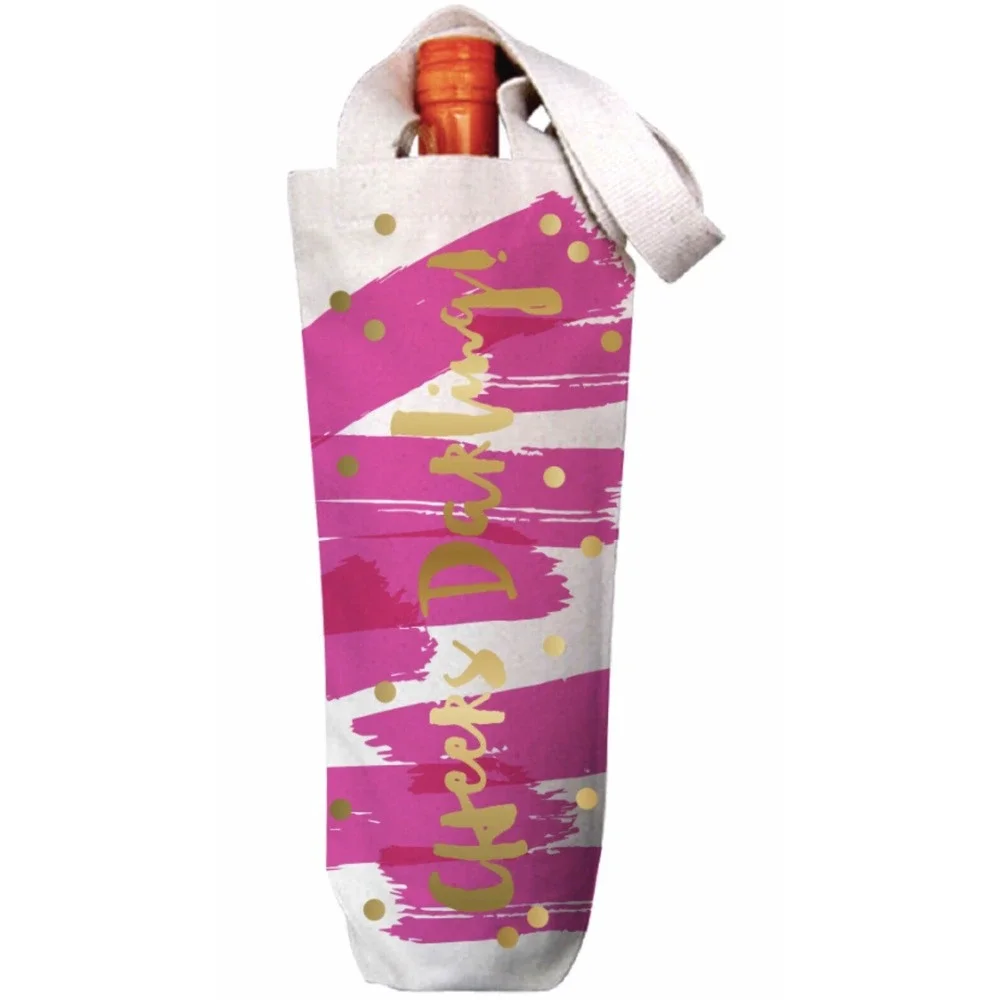 Slant Collections Canvas Wine Bottle Bag Cheers Darling Pink Gold Foil F165707